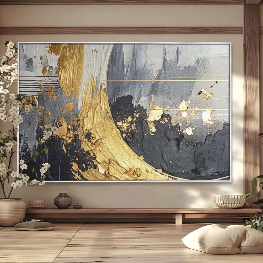 Tablou canvas cu pictura abstracta cu arc aurit si texturi gri, in rama de aluminiu argintiu
